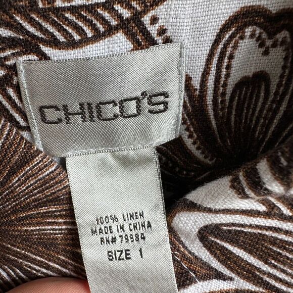 2/$30 Chicos 100% Linen Button Down Shirt Womens Size 1 M Floral Western Neutral - Picture 4 of 10